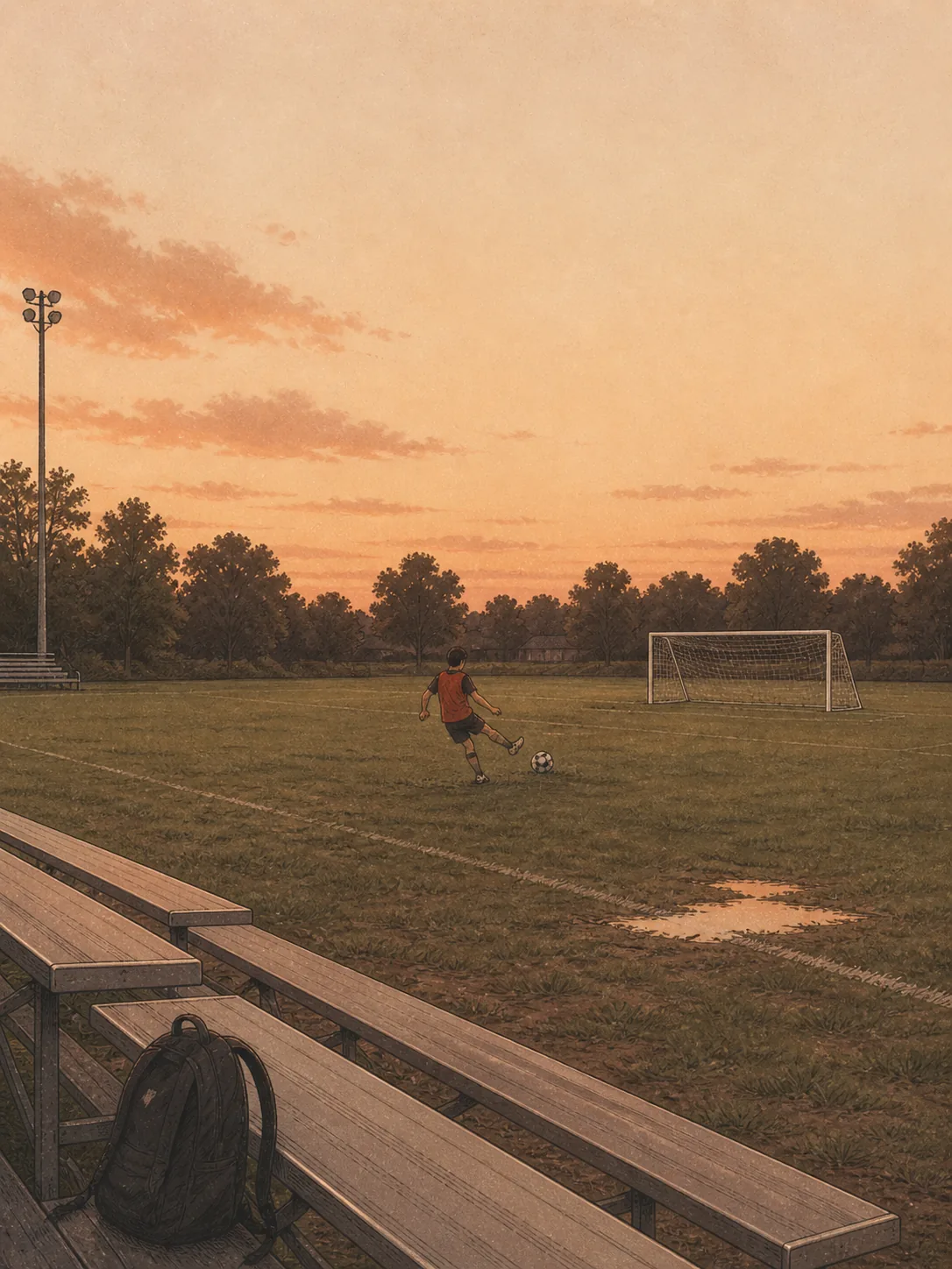 A nearly empty soccer field at dusk. One thirteen-year-old in scrimmage gear kicking a ball alone toward an empty net, with a single backpack on empty bleachers.